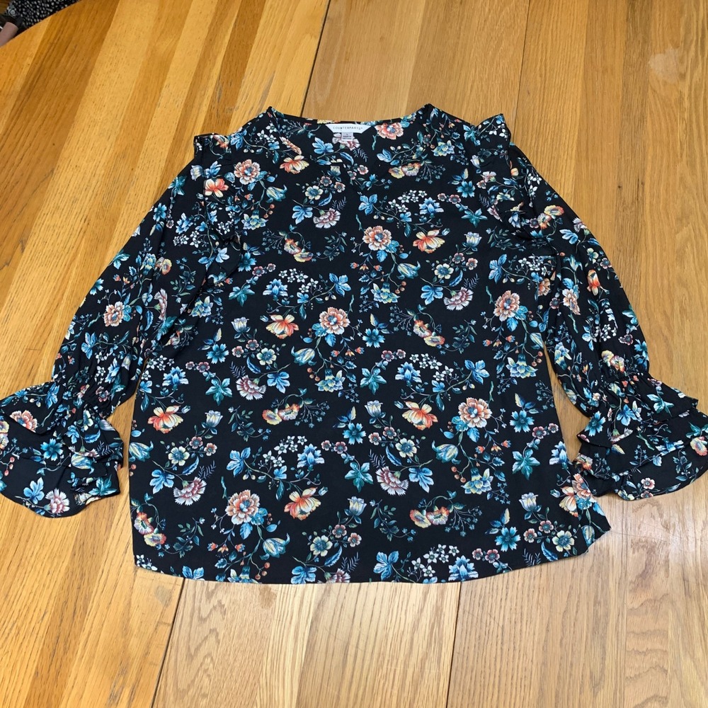 Counterparts Womens Floral Ruffle Bell Sleeve Blouse Black Blue 912P8875HA Large